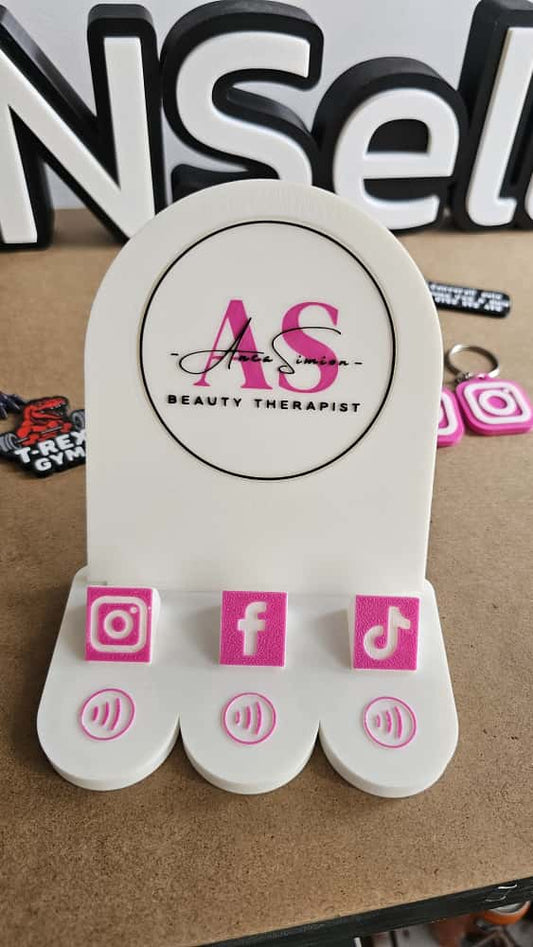 Suport Personalizat pentru Reclama Salon – Cu Logo și Iconițe Social Media